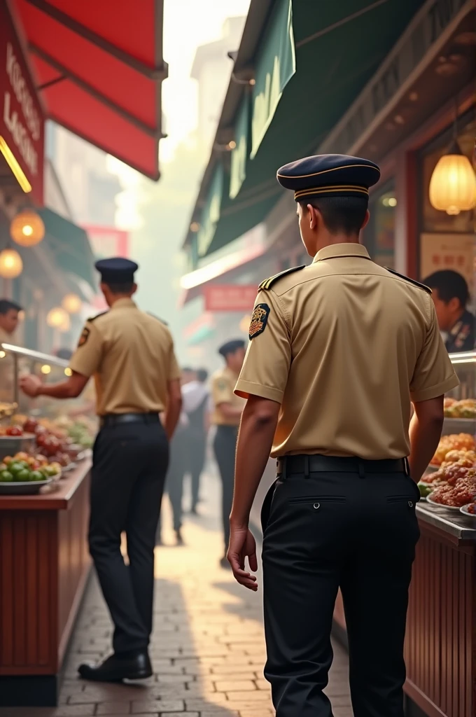 Create image of Bhutan Food and Drug Authority inspectors inspecting the food business centers and doing duty, the dress code consists of black pants and butter colour shirts with stripes ranks in shoulder and black barret cap.