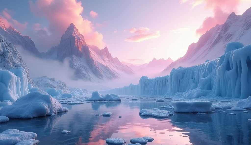 realistic photo for bg presentation , surreal landscape ,ice mountain and waterfalls with a fantasy clouds in the sky , day light. and floor is water mirrow , epic , fantasy , Bokeh , glowing, super detailed, hyper realistic, bright lights, 8k, Color tone white20%,Navyblue10%,Pink50%,purple10%,beige5%,yellow5%