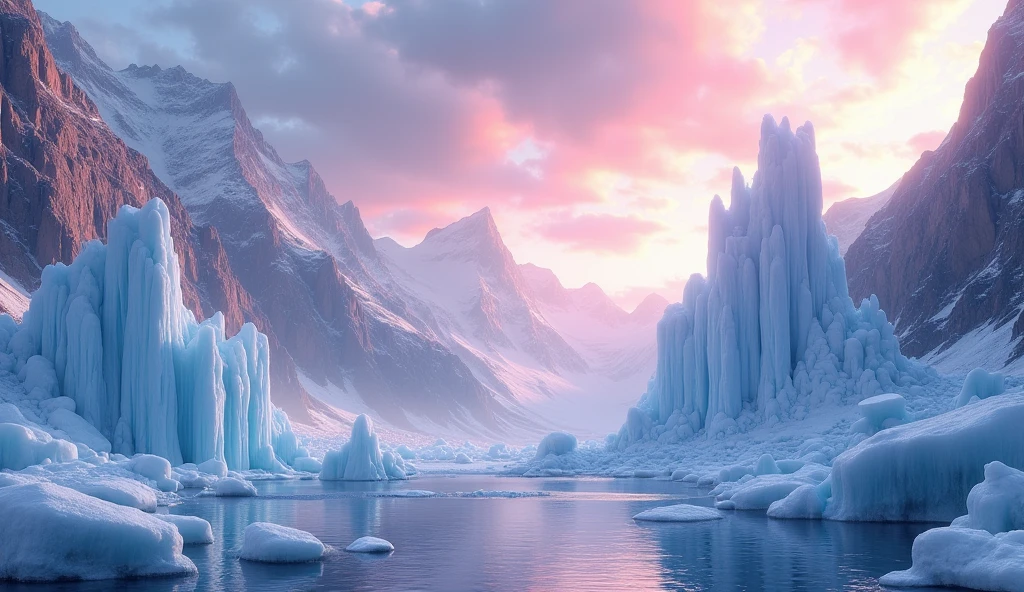 realistic photo for bg presentation , surreal landscape ,ice mountain and waterfalls with a fantasy clouds in the sky , day light. and floor is water mirrow , epic , fantasy , Bokeh , glowing, super detailed, hyper realistic, bright lights, 8k, Color tone white20%,Navyblue10%,Pink50%,purple10%,beige5%,yellow5%