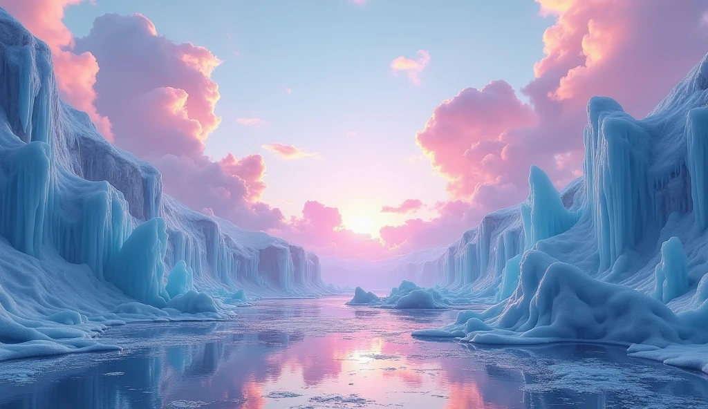 realistic photo for bg presentation , surreal landscape ,ice mountain and waterfalls with a fantasy clouds in the sky , day light. and floor is water mirrow , epic , fantasy , Bokeh , glowing, super detailed, hyper realistic, bright lights, 8k, Color tone white20%,Navyblue10%,Pink50%,purple10%,beige5%,yellow5%