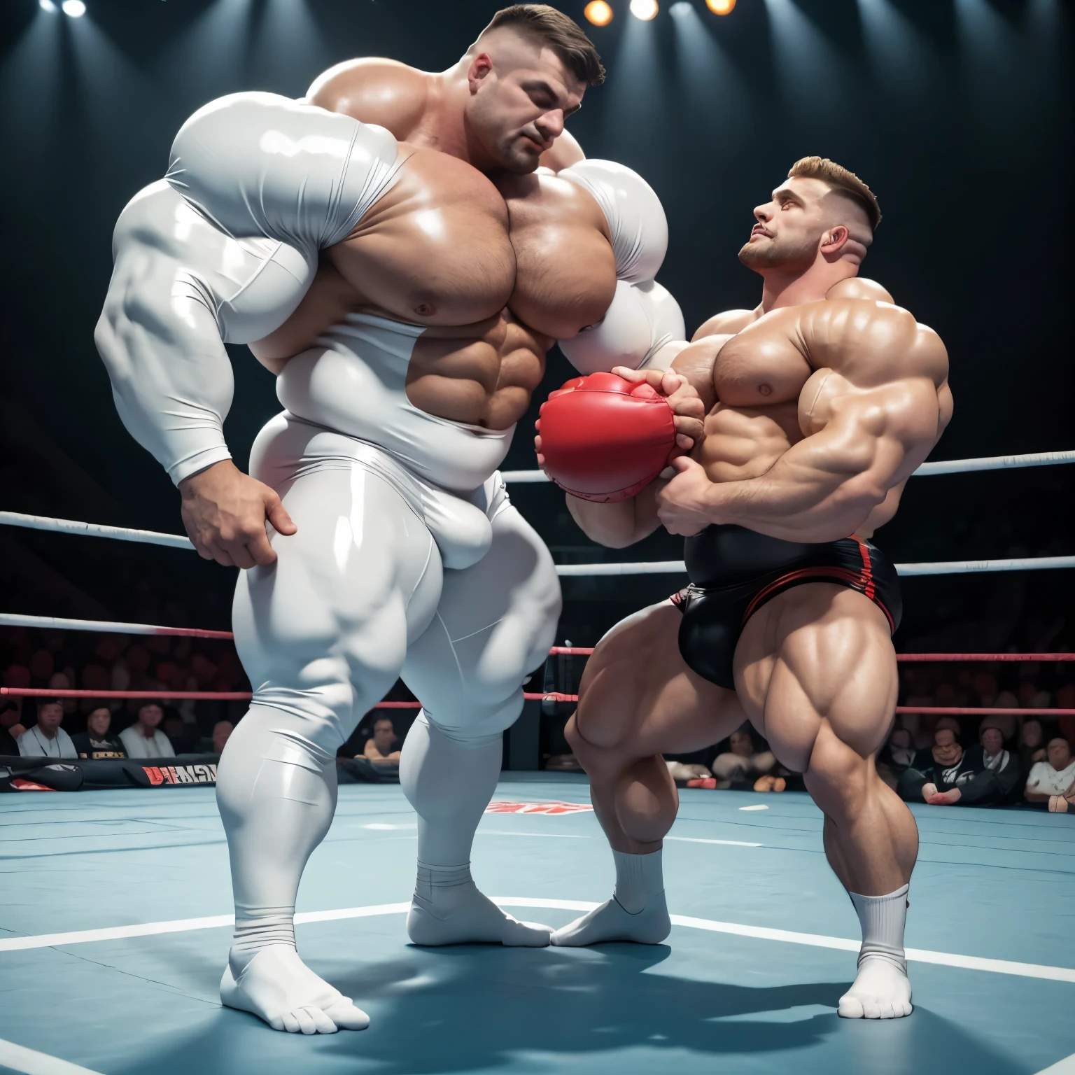 full view full body, Two different white very small but enlarged men, over-bodybuilded, over-inflated and over-muscled on steroids, stuffed like gorets, looking like muscle balloons, they are as wide as they are tall, blond with short undercut cuts, in shiny white latex skinsuits and white socks, fiercely wrestling in a wrestling ring in their white socks , no shoes, There are spectators around
