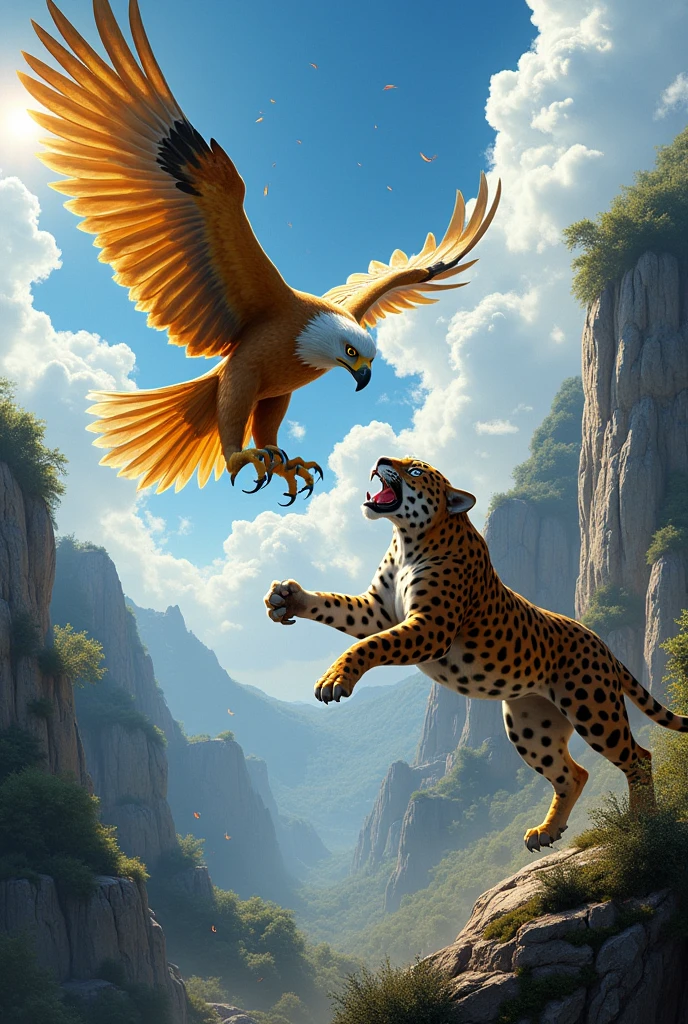 Create an image of a golden eagle catching a jaguar