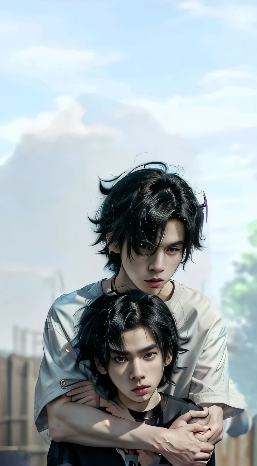 (anime), (Masterpiece), (aesthetic portrait) (best quality), (8k resolution), (1 cute asian boy), ((pale light skin)), (asian skin), ((baggy clothes)),(y2k style)), ((black t-shirt underneath), ((aesthetic clothes)), ((black sneakers)), (concept art), (short hair), (messy hair), (black hair), (hugging other boy)
