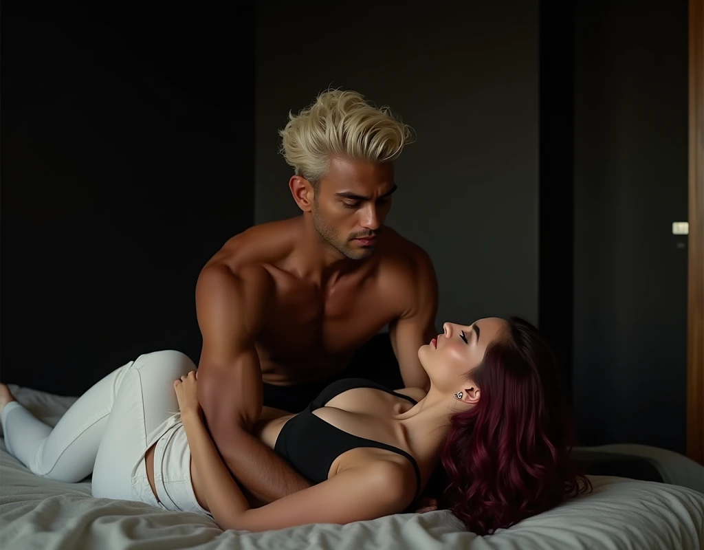 216 cm tall, 33-year-old man, short crew cut platinum blond wavy swept back hair, dark skin, red eyes, Arabic-Egyptian features, black pants, intense expression looking down at her, straddling a 24-year-old far shorter woman on her back looking up at him with vibrant maroon side parted wavy hair and light skin wearing white pants and black bra beneath him on a bed in a black and wood minimalistic bedroom, dark lighting, photorealistic, cinematic