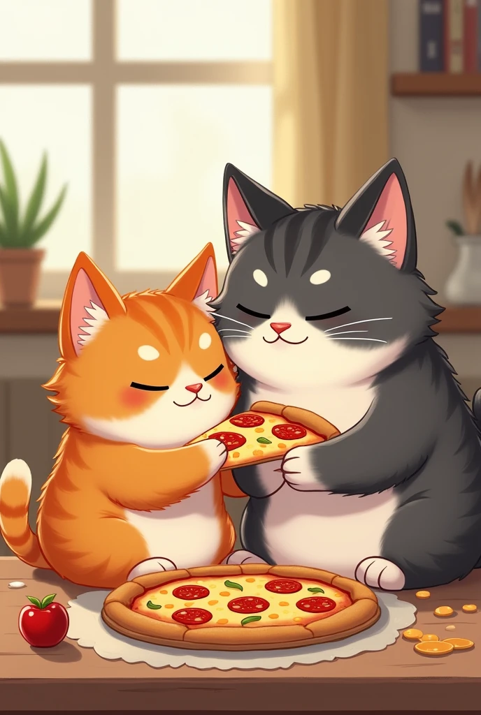 Cat with his dad eating pizza
