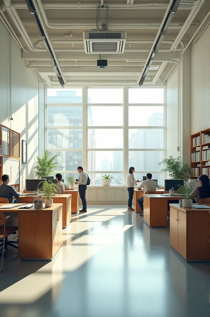 Creates a bright and spacious room, with improved windows, two air conditioners, with cabinets for storing books and whiteboards
