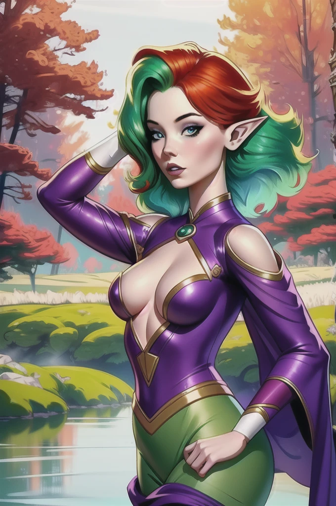 a beautiful detailed girl with striking copper hair, one eye partially obscured, wearing an outlandish fantasy costume, standing in a dark and mysterious spring meadow, surrounded by celestial water, her bombshell hair and forest green locks billowing in the wind, (best quality,4k,8k,highres,masterpiece:1.2),ultra-detailed,(realistic,photorealistic,photo-realistic:1.37),epic,illustration,welcoming,1girl,warlock,elf,bright copper hair,hair over one eye,(full body:0),[outlandish costume design:0.2],in a scary spring meadow,in the crowded,celestial water,bombshell hair,forest green hair,short bombshell hair,color_hair,v arms