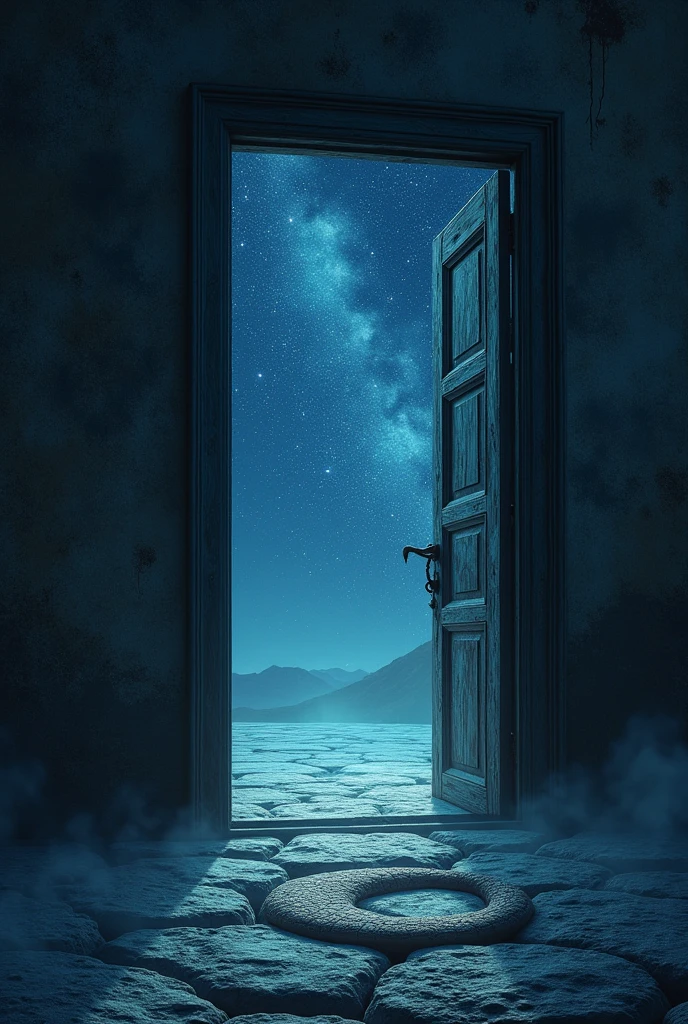 An open door with an ouroboros behind it and a background of stars 