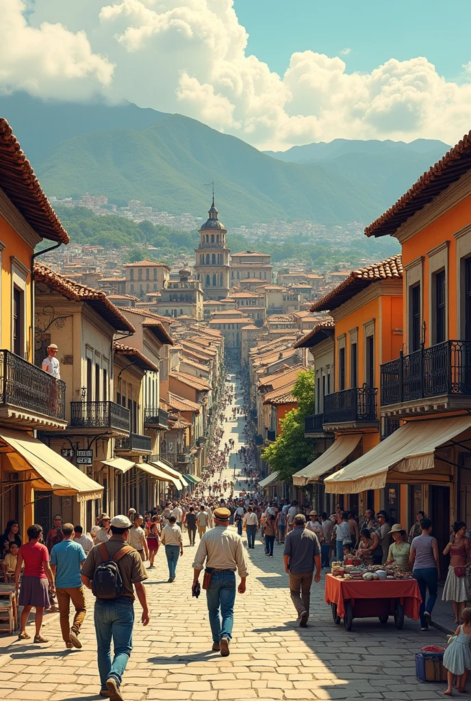 Bogotá cityscape drawing (colombia) in the 19th century, with people in the streets and colonial buildings for comics