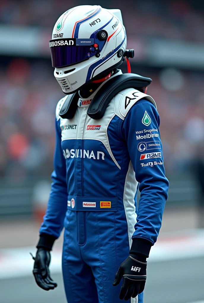 A picture of a formula one racing suit. The suit is oxford blue (1D2D44) and white.