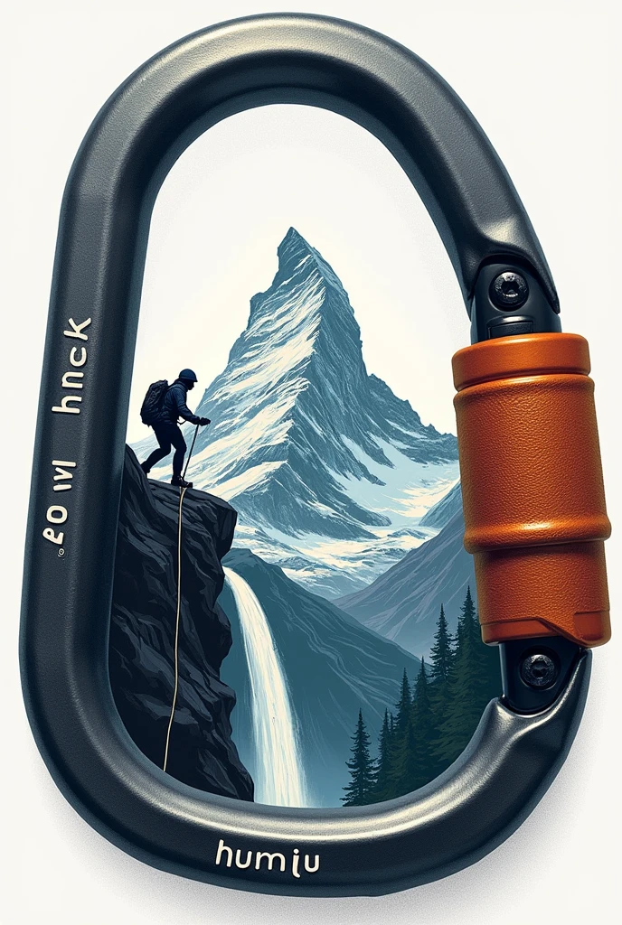 Drawing climbing carabiner, inside the musket draw a mountain with a waterfall , place a silhouette of a person rappelling down, write humju on the carabiner iron