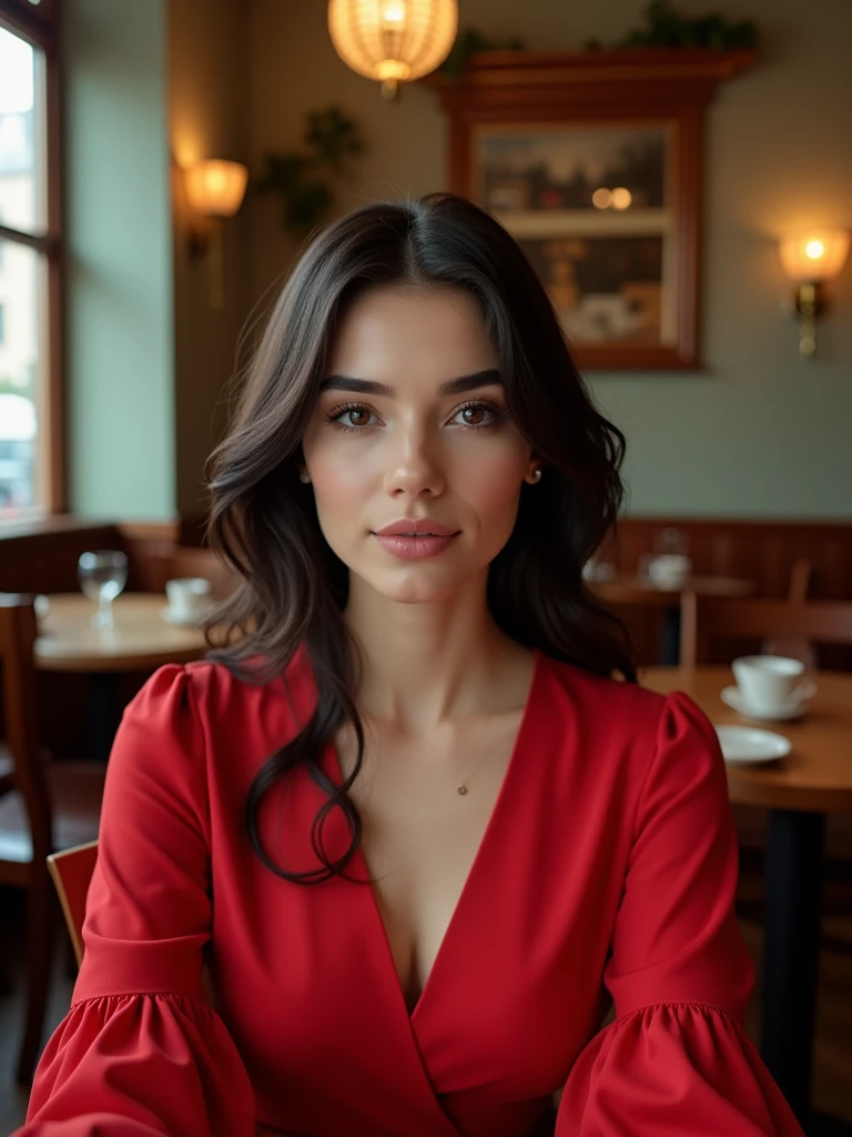 Front view, Beautiful woman wearing a red dress, sitting in cafe, UHD, ultra-quality, ultra-detailed, ultra-resolution, 16K