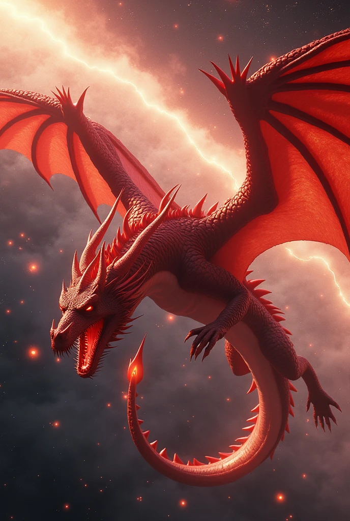 A seven-headed scarlet dragon in space, digital art, highly detailed, cinematic lighting, vibrant colors, dramatic composition, realistic textures, masterpiece, (best quality,4k,8k,highres,masterpiece:1.2),ultra-detailed,(realistic,photorealistic,photo-realistic:1.37),intricate scales,piercing eyes,sharp fangs,powerful wings,swirling cosmic background,dramatic lighting,glowing energy,seamless integration