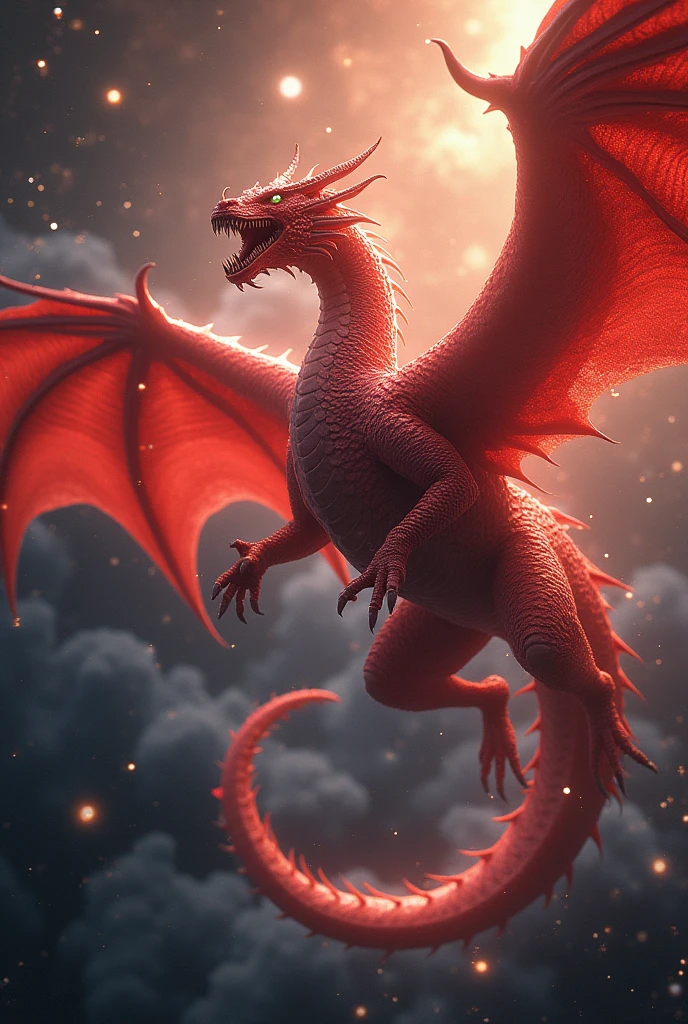 A seven-headed scarlet dragon in space, digital art, highly detailed, cinematic lighting, vibrant colors, dramatic composition, realistic textures, masterpiece, (best quality,4k,8k,highres,masterpiece:1.2),ultra-detailed,(realistic,photorealistic,photo-realistic:1.37),intricate scales,piercing eyes,sharp fangs,powerful wings,swirling cosmic background,dramatic lighting,glowing energy,seamless integration