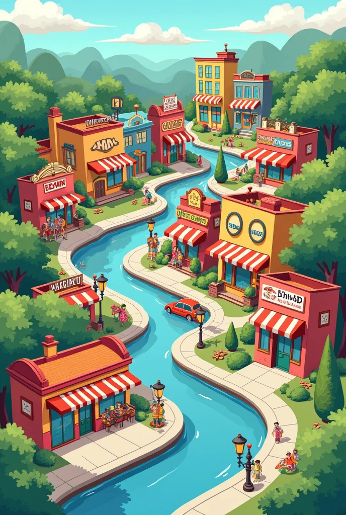 The image should be a vibrant and colorful cartoon-style map of a city, showcasing various locations. The locations to include are a cinema, park, bank, church, bus station, library, restaurant, cafe, hotel, pool, museum, zoo, supermarket, university, plaza, police station, fire station, airport, hospital, and bus stop. Each place should be represented with recognizable and playful icons or small buildings, arranged in a way that they are easily distinguishable. The map should have roads connecting the different places, with some trees, cars, and people to give it a lively city atmosphere. The overall feel should be friendly and accessible, appealing to all ages.