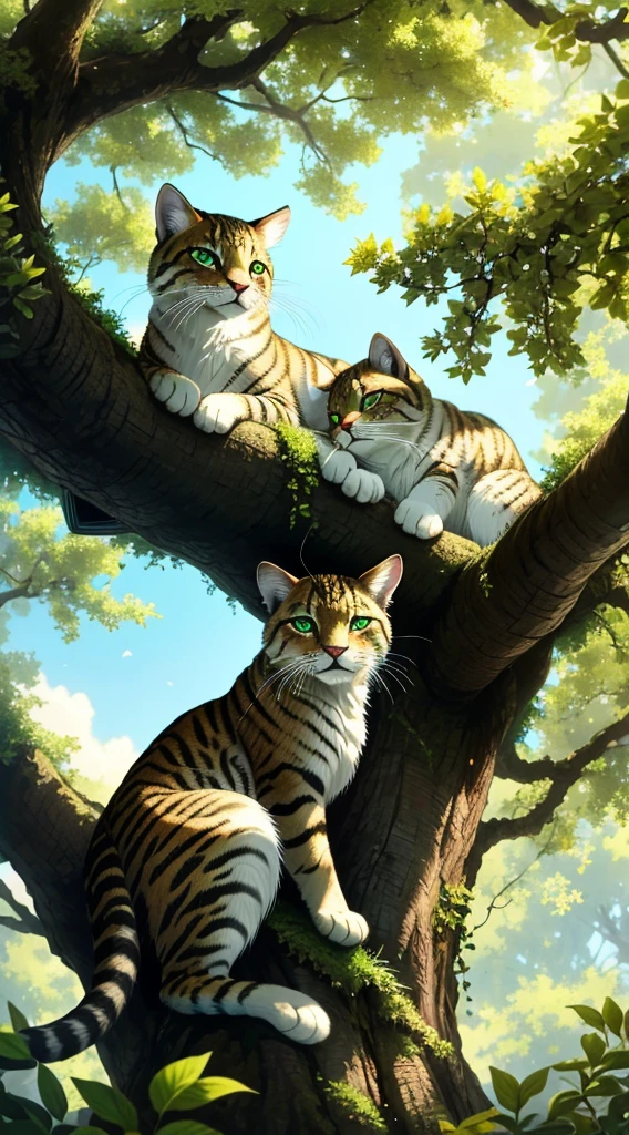 (Best quality, 8k, 32k, Masterpiece, UHD:1.2),Amidst a verdant glade, where towering trees stood tall, A curious sight unfolded, an enchanting spectacle to behold. In a miniature tree, so delicate and small, Crouched a majestic feline, a gentle giant enthroned. Its tawny coat, a symphony of sun-kissed gold, Shimmered in the dappled light, a story yet untold. Emerald eyes, deep and wise, held a glimmer of play, As it surveyed its kingdom from its lofty perch above. The tiny leaves, a vibrant canopy overhead, Kissed its silken whiskers, a tender caress instead. With whiskers twitching and a purr so soft and low, The big cat in the tiny tree, a magnificent show. Like a guardian angel, it watched over its realm, Its presence filling the air with a sense of peace and calm.