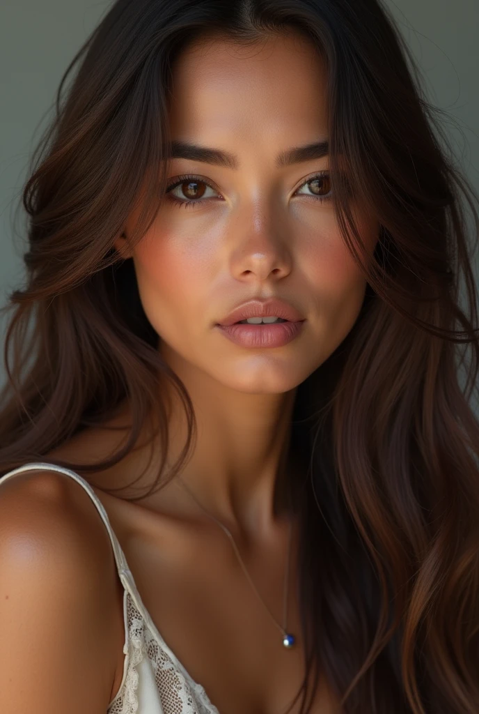 Make a portrait of a woman with the following characteristics: long wavy brown hair, Deep brown eyes, high, slim, no bangs, thin and pink lips, piel morena tirando a caucásica y de orígenes suramericanos con europeo y con la cara no tan slim