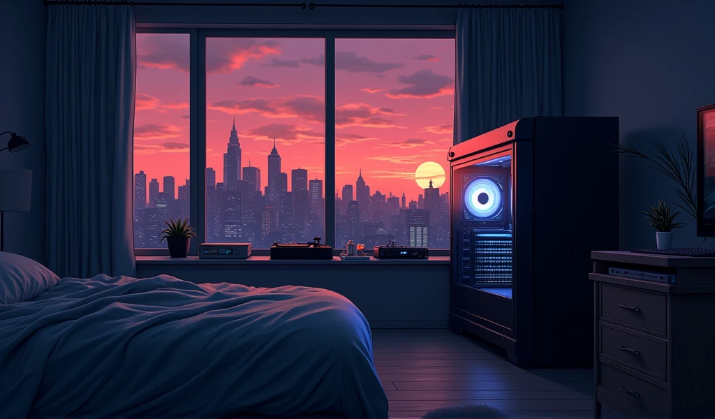 evening, 2D Style Anime, Lo-Fi, hard disk, Dark Environment、A high-end desktop PC that is always on、unmanned、large room、View of the city from the window、bed、Sunset、Record player