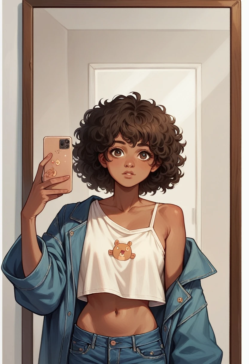 Hiper realistic and natural picture, girl taking a selfie in the mirror, Curly hair, Little hair and no volume , brown skin, oversized outfits, oversized aesthetic outfits, Denim jacket and cropped shirt, modest style, natural photo