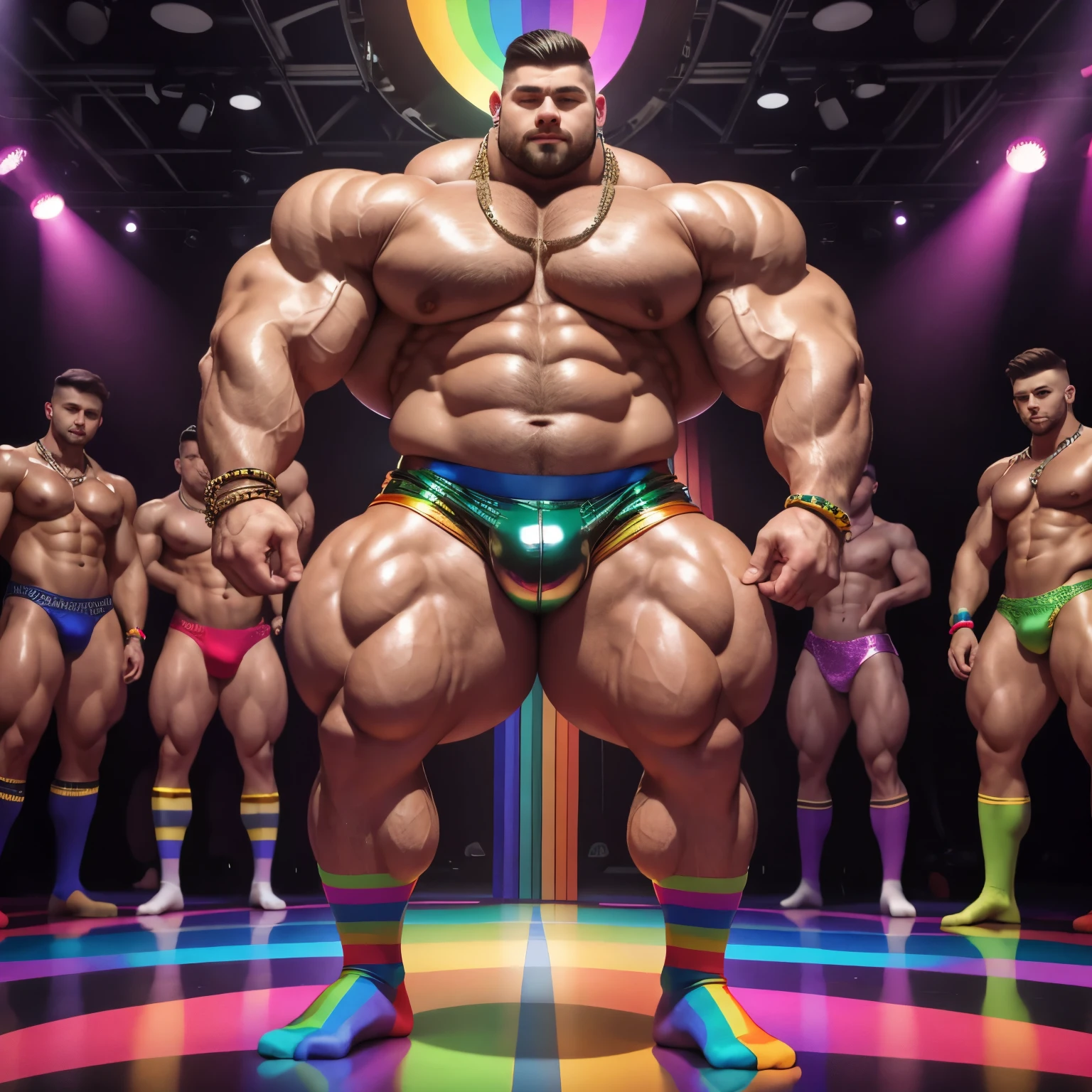 full view full body, the biggest heaviest hyper-massive overmuscular bodybuilded young white european guy with hype gay undercut haircut, lots of gay jewelery, shirtless showing off over-inflated and over-bloated huge pecs, double-biceps, legs, abs, wearing latex shiny shorts and rainbow socks, no shoes, gay necklaces, bracelets, rings,, dancing in his socks in gay disco, showing off his rainbow socks, many various gay dancers behind