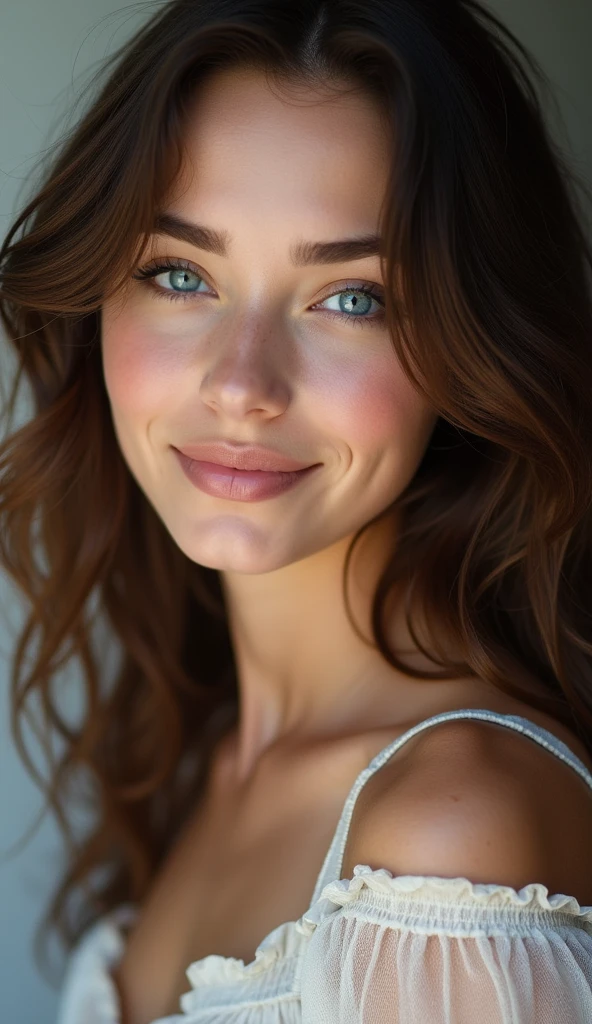 Beautiful brunette, very detailed, 21 ans, visage innocent, natural wavy hair, blue eye, high resolution, masterpiece, best quality, intricate details, very detailed, mise au point nette, detailed skin, texture de peau réaliste, texture, detailed eyes, professionnel, 4K, charming smile, filmed on Canon, 85 millimeters, shallow depth of field, Kodak Vision Color, corps parfaitement ajusté, extremely detailed, Photograph_\(ultra\), Photorealistic, realistic, Post-traitement, maximum details, roughness, real life, ultra realistic, photorealism, photographie, 8k uh, photographie, travail, bureau