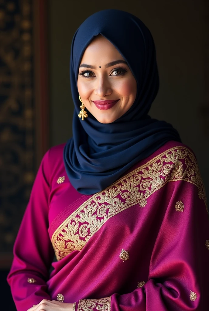 A woman wearing magenta kanjipuram saree with only golden work all over the saree, magenta blouse and navy blue hijab.