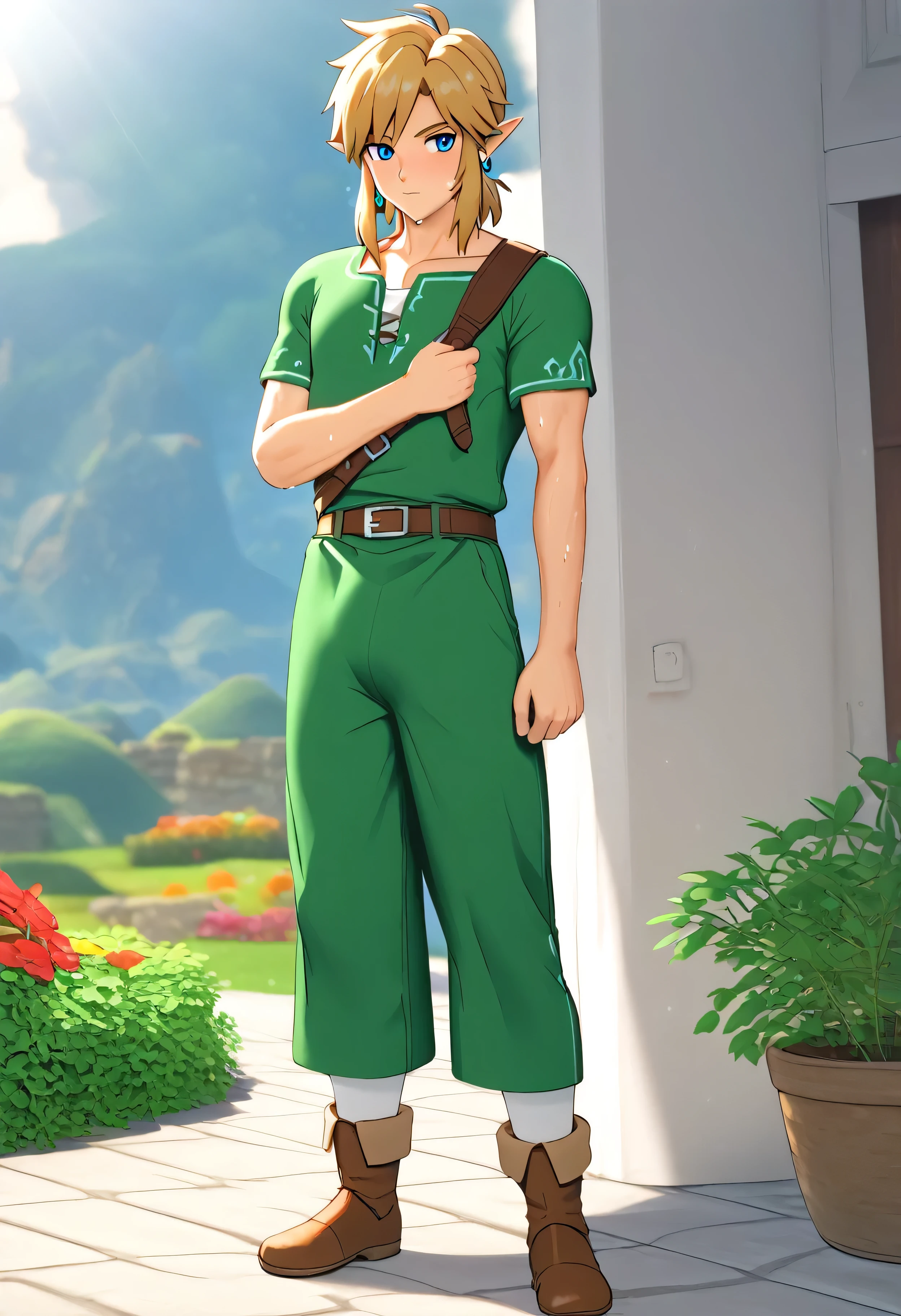 (Masterpiece), (Best Quality), ((Highly Detailed)), Link from botw, medium hair, blonde hair, blue eyes, blue earrings, full body, sexy, gardener, sweats, sweat all over the body, horny, big bulge in the crotch, 4k, 8k, anime style
