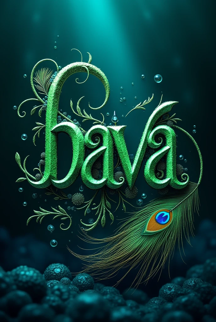 The name "bava" clearly written in white colour green style fount. The above it is placed a twisted decorative flute and peacock feather. blue lights side show effect with raining water drope on latter in dark background.