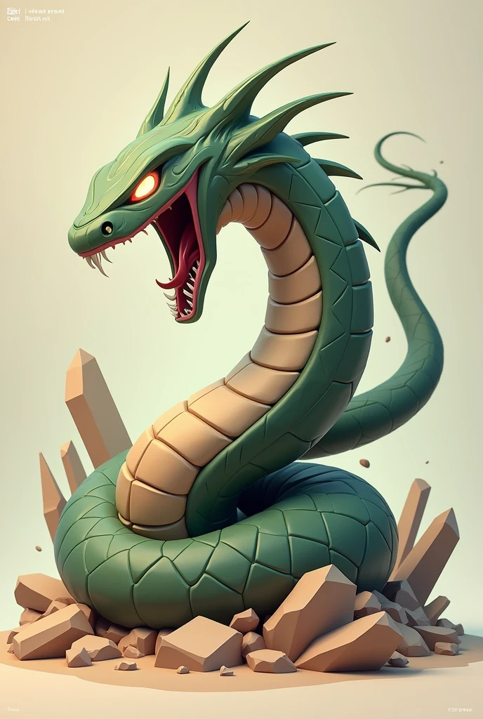 Create a 3D stylized illustration for 'Boulder,' a snake-like creature with earth elemental powers, in a coiled strike pose. The art style should draw from the sleek, modern look of the SOLMON logo, using bold lines and a palette of browns, greens, and glowing accents. Boulder should be depicted coiled and ready to strike, with rock fragments forming around its body as it prepares to strike with a stone-shattering force. The background should feature minimalistic earthy elements and digital rocks, creating a strong, balanced composition.
