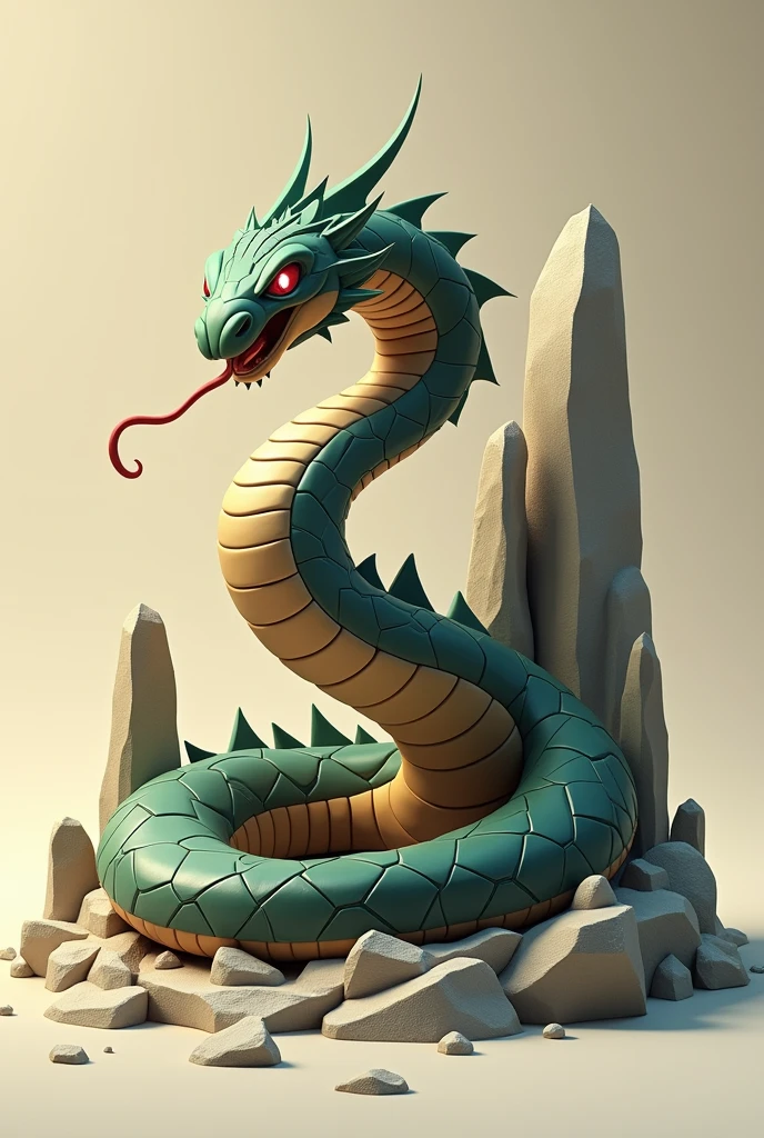 Create a 3D stylized illustration for 'Boulder,' a snake-like creature with earth elemental powers, in a coiled strike pose. The art style should draw from the sleek, modern look of the SOLMON logo, using bold lines and a palette of browns, greens, and glowing accents. Boulder should be depicted coiled and ready to strike, with rock fragments forming around its body as it prepares to strike with a stone-shattering force. The background should feature minimalistic earthy elements and digital rocks, creating a strong, balanced composition.