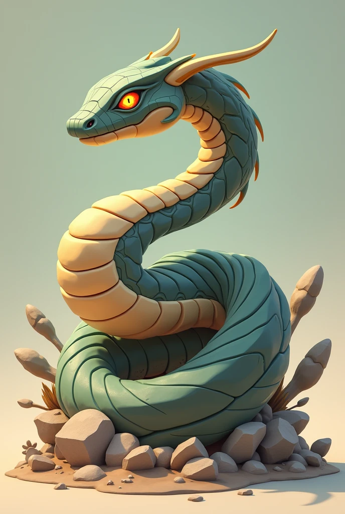 Create a 3D stylized illustration for 'Boulder,' a snake-like creature with earth elemental powers, in a coiled strike pose. The art style should draw from the sleek, modern look of the SOLMON logo, using bold lines and a palette of browns, greens, and glowing accents. Boulder should be depicted coiled and ready to strike, with rock fragments forming around its body as it prepares to strike with a stone-shattering force. The background should feature minimalistic earthy elements and digital rocks, creating a strong, balanced composition.