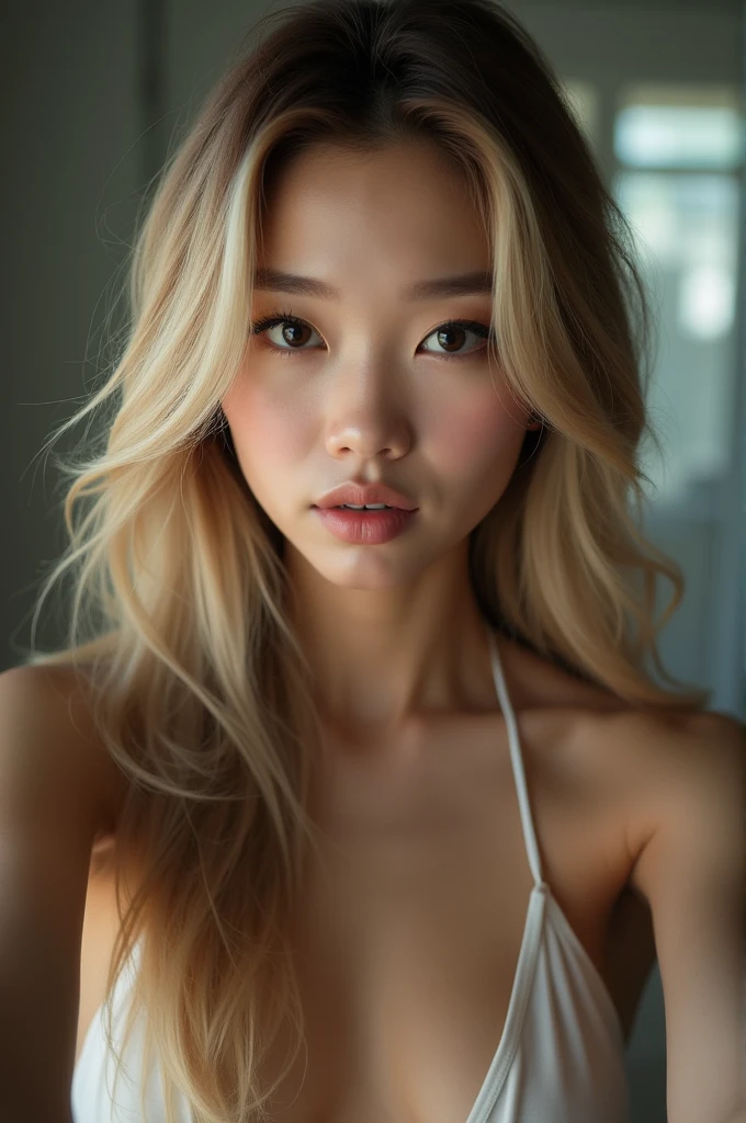 LONG BLONDE HAIRED ASIAN GIRL TAKES SEXY SELFIE PHOTO