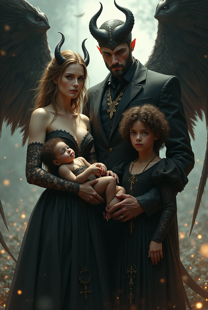 Lilith and Lucifer with their daughters , Hecate blonde with brown eyes as ****** and Artemis mixed race with brown eyes and short curly hair aged 6 ********* 