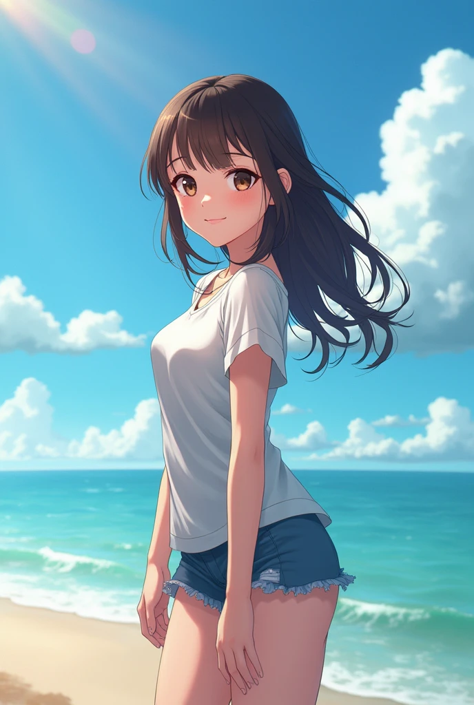 anime girls,8K quality、 highest quality、ウルトラ - High resolution、High resolution、Detailed CG、8k unit wallpaper、professional lighting、15 years old、beautiful and detailed eyes、((( without Super shiny white and light blue swimsuit 、Wet and see-through,)))、beautiful sea、sexy standing pose、safety work, Small breasts, mischievous smile