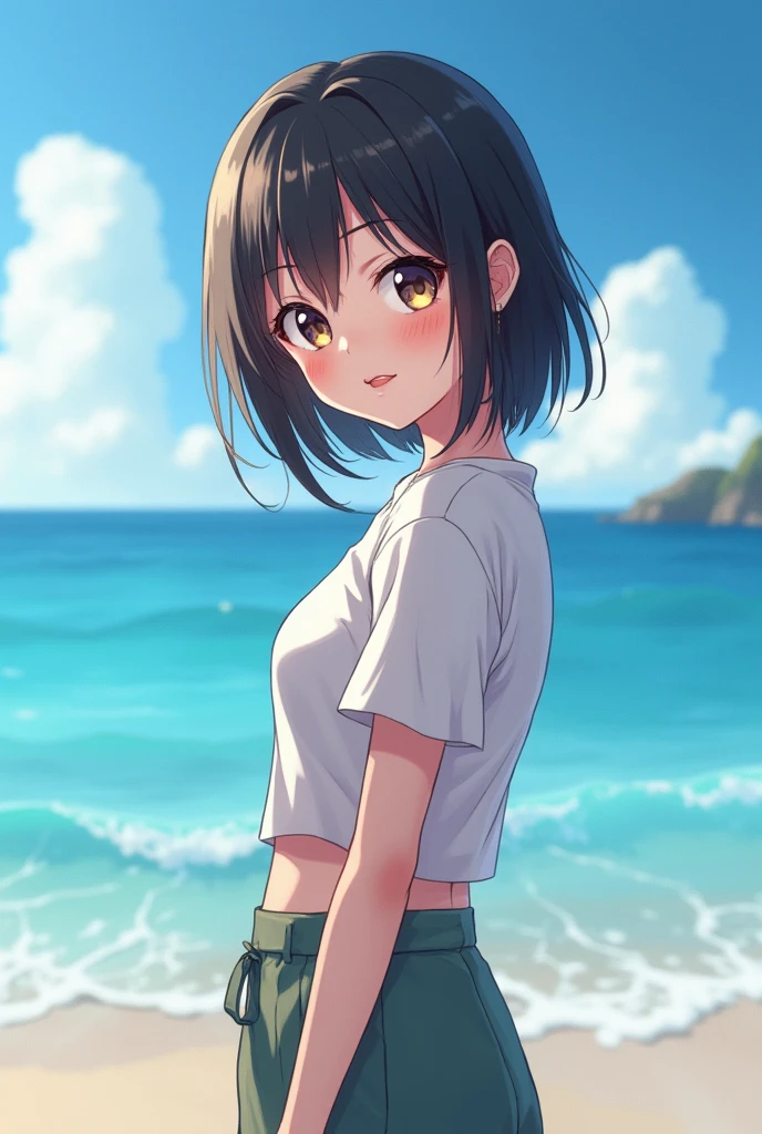 anime girls,8K quality、 highest quality、ウルトラ - High resolution、High resolution、Detailed CG、8k unit wallpaper、professional lighting、15 years old、beautiful and detailed eyes、((( without Super shiny white and light blue swimsuit 、Wet and see-through,)))、beautiful sea、sexy standing pose、safety work, Small breasts, mischievous smile