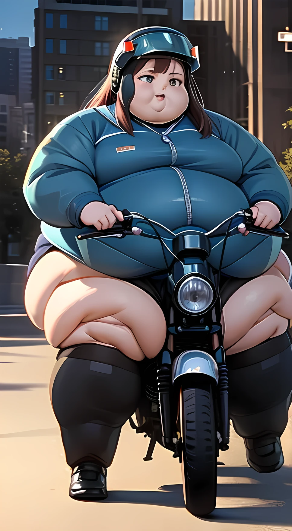 Highest image quality, outstanding details, ultra-high resolution, (realism: 1.4), the best illustration, favor details, highly condensed obese 1girl, with a delicate and beautiful fat face, obese body, dressed in a black and green mecha, wearing a mecha helmet, holding a directional controller, riding on a motorcycle, the background is a high-tech lighting scene of the future city.
