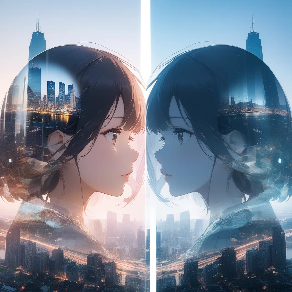 Double Exposure Style,a city skyline on the woman face,double image ghost effect,image combination,double exposure style,1girl,, (masterpiece,best quality,ultra-detailed,very aesthetic, absurdres)