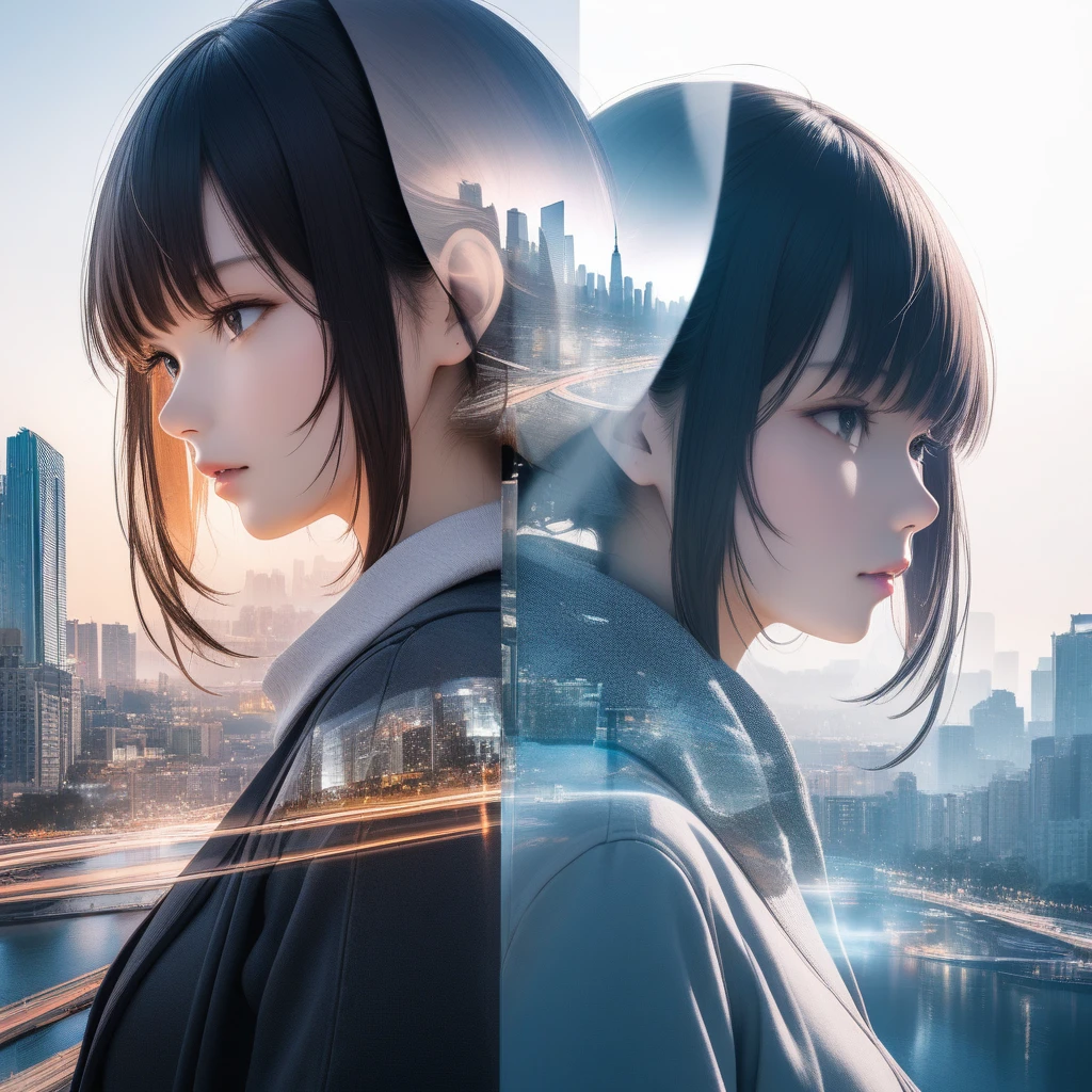 Double Exposure Style,a city skyline on the woman face,double image ghost effect,image combination,double exposure style,1girl,, (masterpiece,best quality,ultra-detailed,very aesthetic, absurdres)