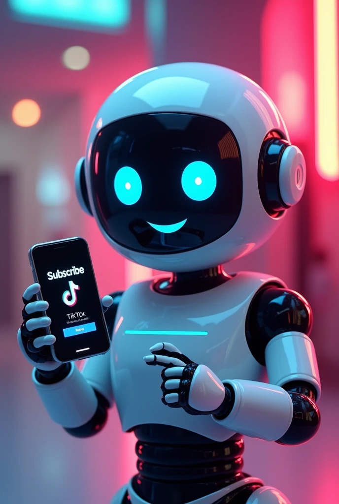 Un robot amical avec un écran digital pour visage, affichant une expression enthousiaste. Le robot tient un téléphone avec l'interface TikTok visible, pointant vers le bouton 'S'abonner' avec un message encourageant comme 'Abonnez-vous pour plus de contenu !'. L'arrière-plan est vibrant et moderne, inspiré de l'esthétique de TikTok.