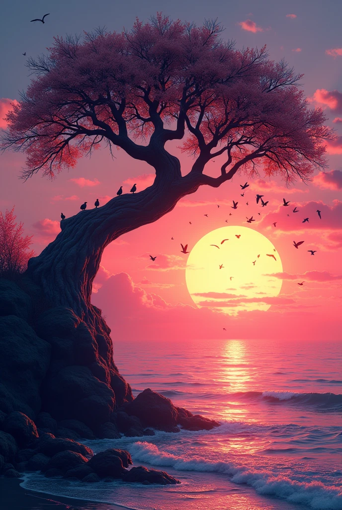 A serene beach, colorful sunset, showcasing vibrant hues of pink, orange, and purple reflecting off the water. A huge Dried twisted tree, lots of birds sitting on the branches of the dried tree. Lots of birds are flying over and around the tree.