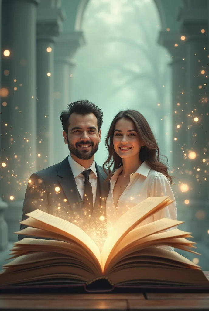 An open book comes out of it a man and a woman who appear to be intelligent., happy, free through reading, they were transformed through personal development reading , and grew professionally, they seem to be millionaires