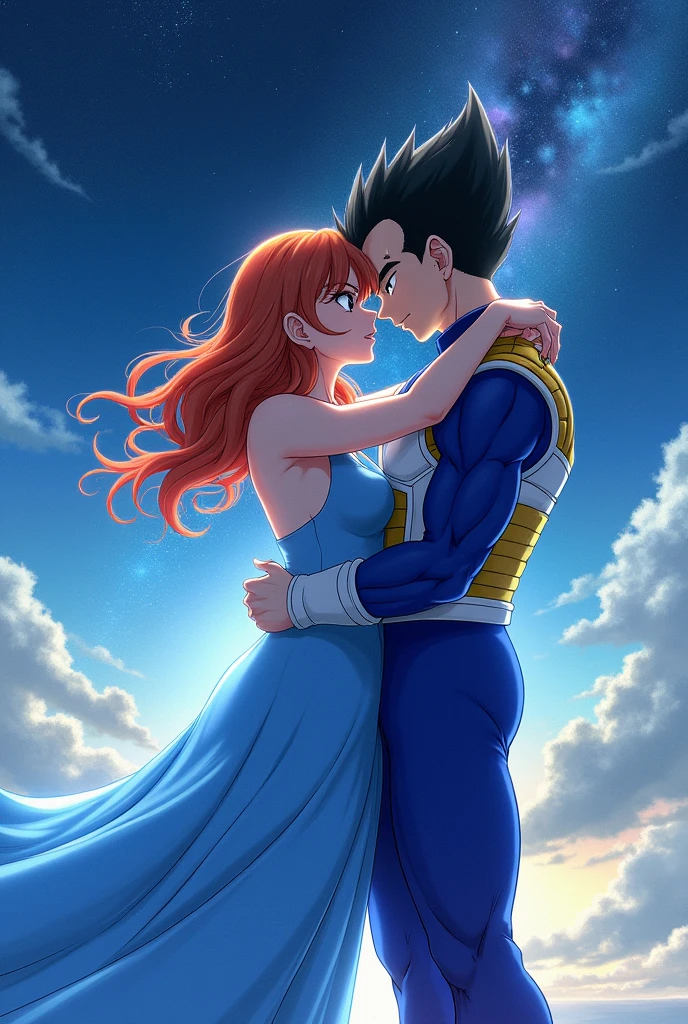 Bulma and Vegeta kissing dressed in blue