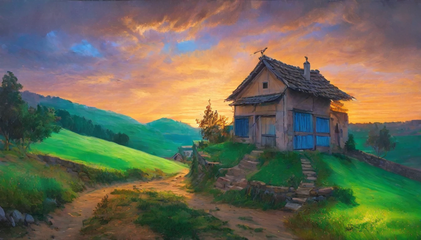 (best quality, masterpiece:1.2), A painting of a village covered in green, blue and golden flames, exquisite, painterly, realistic painting, light painting, beautiful, breathtaking
