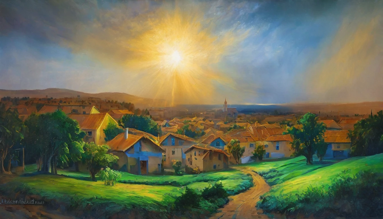 (best quality, masterpiece:1.2), A painting of a village covered in green, blue and golden flames, exquisite, painterly, realistic painting, light painting, beautiful, breathtaking
