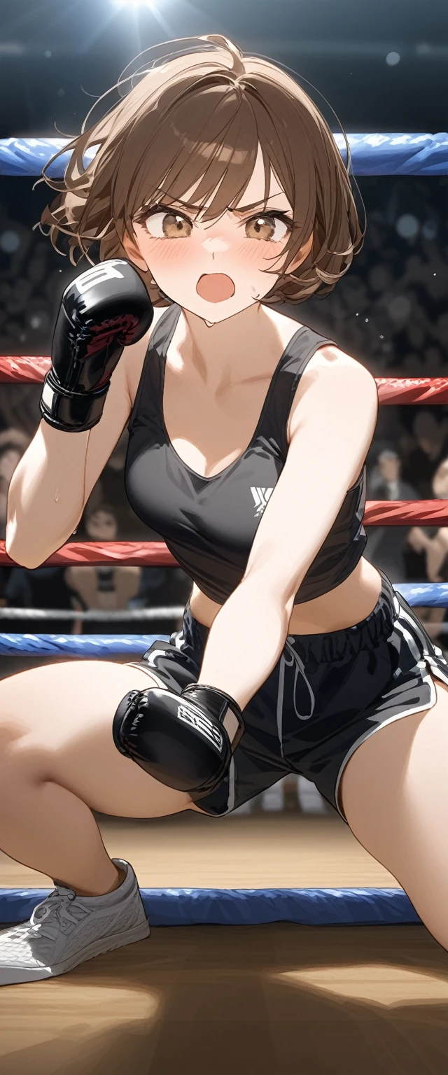 woman、muscular、Six Pack、Tension、Tense expression、Mouthpiece、Tank top、Shorts、short hair、boxing、Fighting Pose、Leaning forward、She holds both gloves under face to intimidate his opponent.、boxing ring、The referee can be seen crouching to the side, watching the situation.、short hair、Brown Hair、small breasts、boxer、illumination、cheering crowd