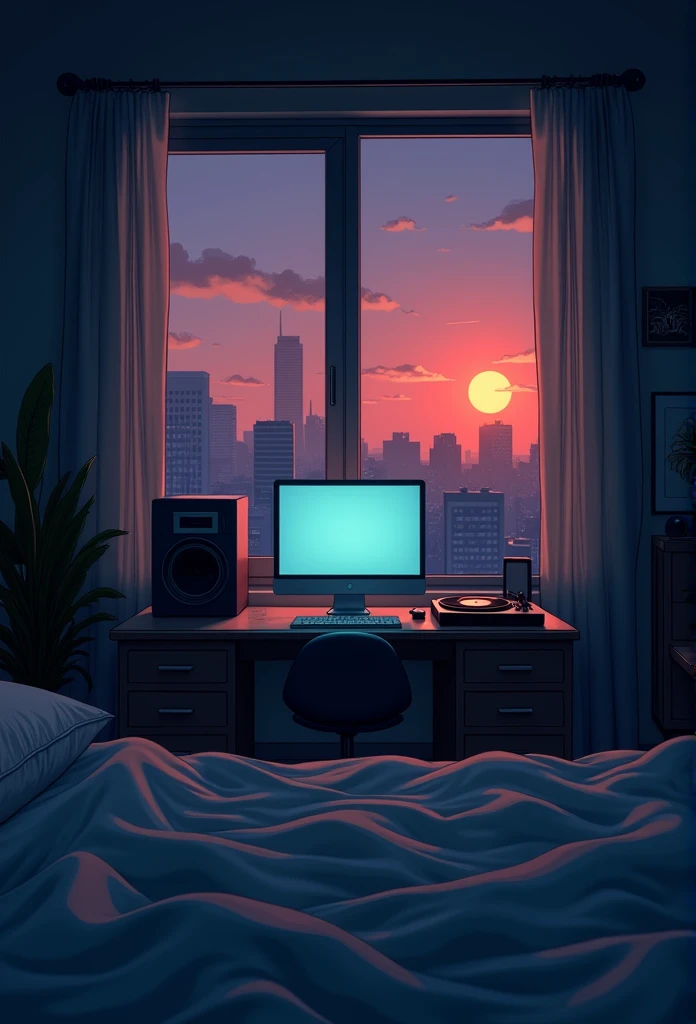 evening, 2D Style Anime, Lo-Fi, hard disk, Dark Environment、Desktop PC、unmanned、large room、View of the city from the window、bed、Sunset、Record player、Makoto Shinkai style