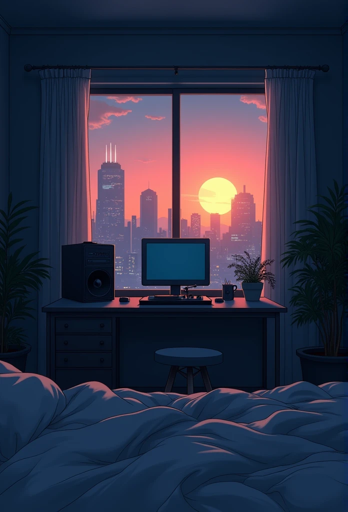 evening, 2D Style Anime, Lo-Fi, hard disk, Dark Environment、Desktop PC、unmanned、large room、View of the city from the window、bed、Sunset、Record player、Makoto Shinkai style