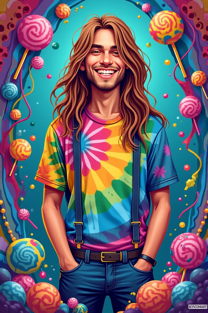 Generate tie dye lollipop kit packaging with a man wearing a hippie shirt and items such as a shirt, suspenders, and containers with liquid paint