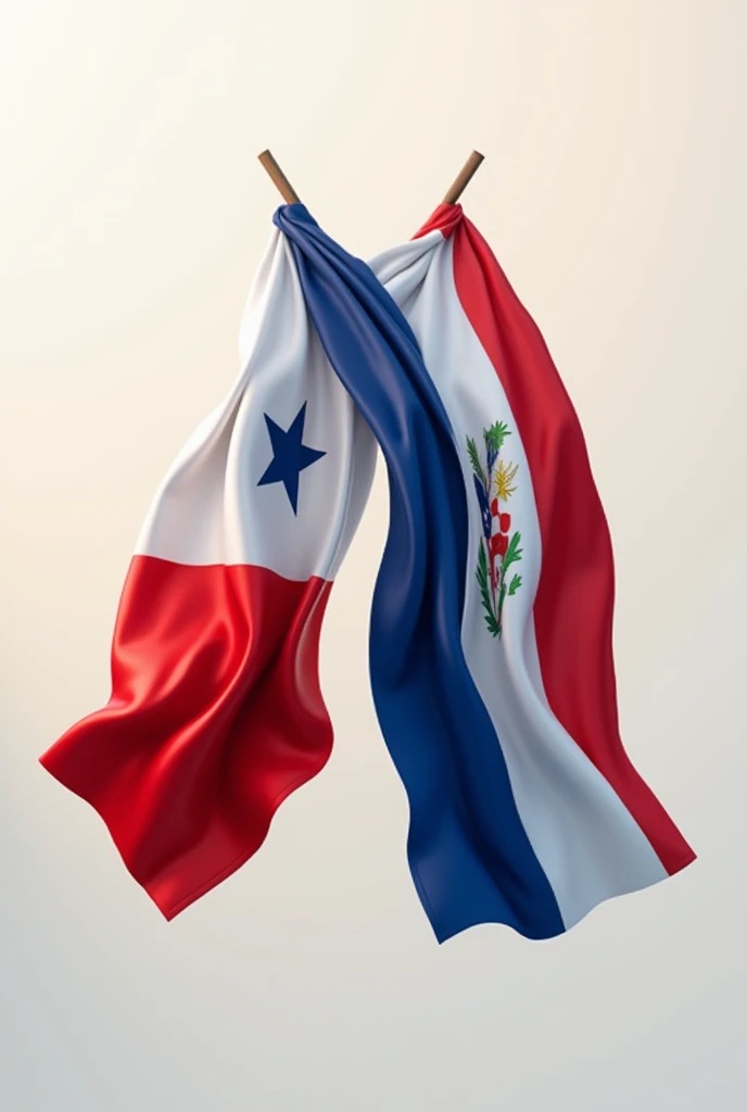 "The two flags of Panama and Costa Rica spread out WAVING together with the same flags spread out across the box. The left side should show the flag of Panama, while the right half features the flag of Costa Rica. The two flags should merge smoothly in the center thus symbolizing unity and friendship.. The background should be simple and neutral to keep the focus on the knot. "