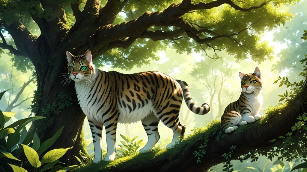 (Best quality, 8k, 32k, Masterpiece, UHD:1.2),Amidst a verdant glade, where towering trees stood tall, A curious sight unfolded, an enchanting spectacle to behold. In a miniature tree, so delicate and small, Crouched a majestic feline, a gentle giant enthroned. Its tawny coat, a symphony of sun-kissed gold, Shimmered in the dappled light, a story yet untold. Emerald eyes, deep and wise, held a glimmer of play, As it surveyed its kingdom from its lofty perch above. The tiny leaves, a vibrant canopy overhead, Kissed its silken whiskers, a tender caress instead. With whiskers twitching and a purr so soft and low, The big cat in the tiny tree, a magnificent show. Like a guardian angel, it watched over its realm, Its presence filling the air with a sense of peace and calm.